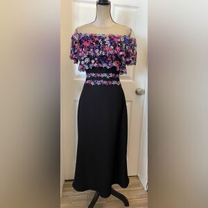 Tadashi Shoji mesh/embroidered top midi dress, S